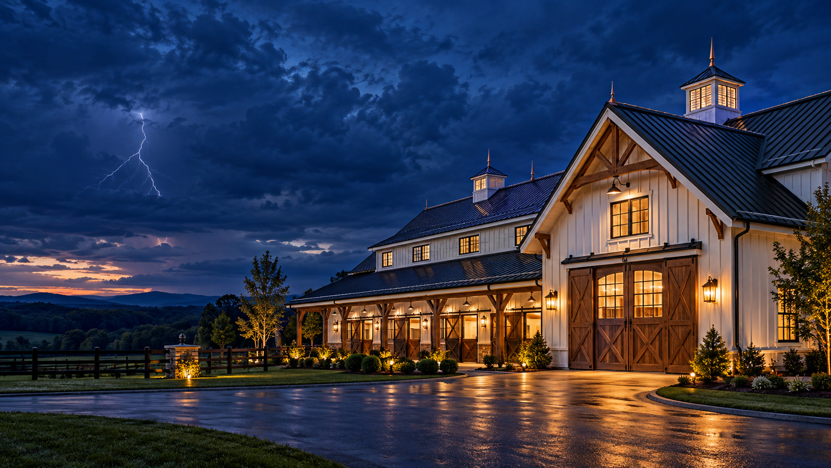 Illustrative horse barn with rooftop lightning rods beneath a dramatic blue storm sky